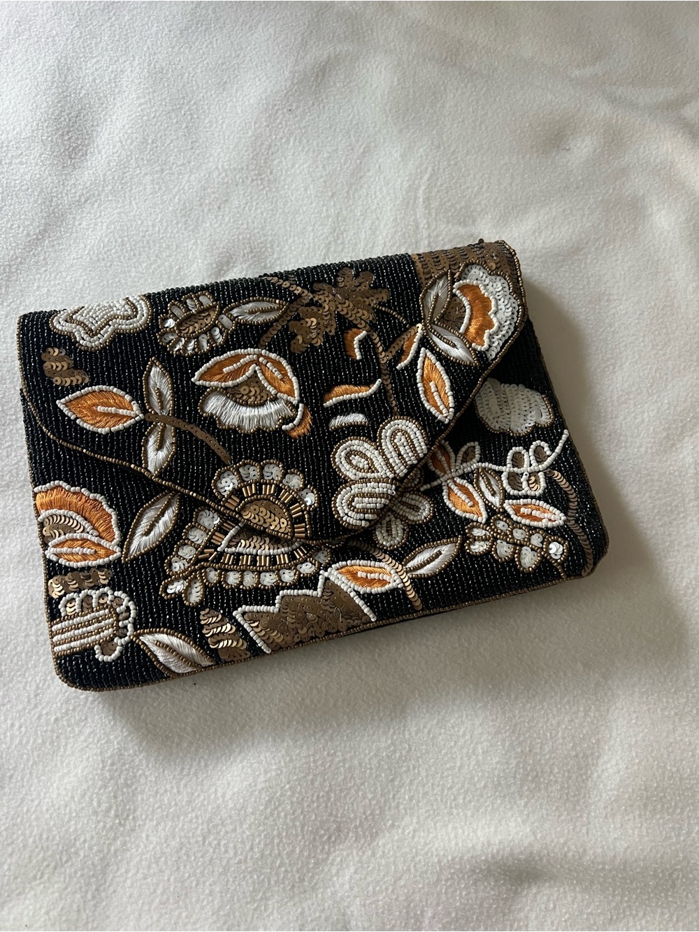 Versona Black Beaded Floral Embroidered Clutch with Gold and Cream Accents